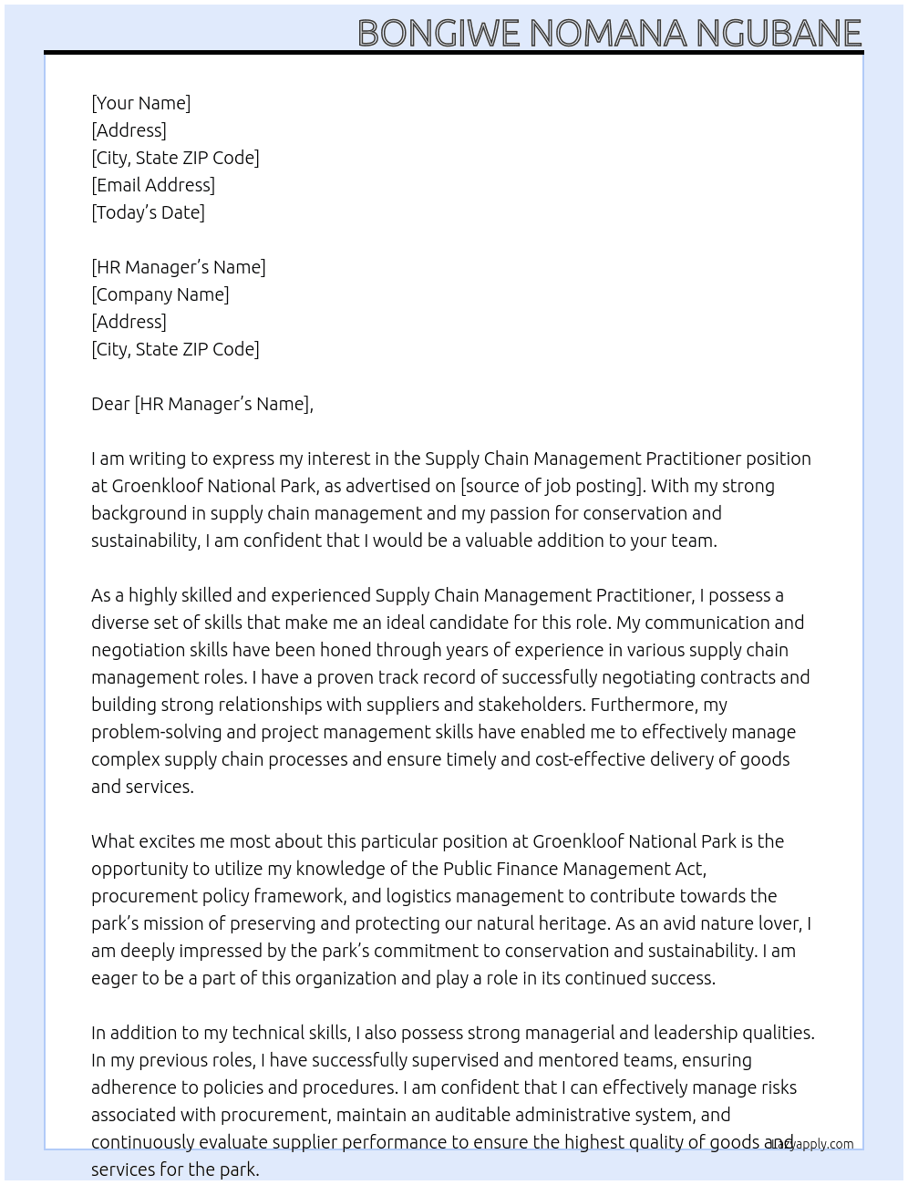Supply Chain Management Practitioner At Groenkloof National Park Cover Letter
