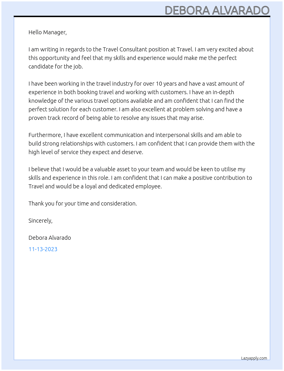 Travel Consultant  At Travel Cover Letter