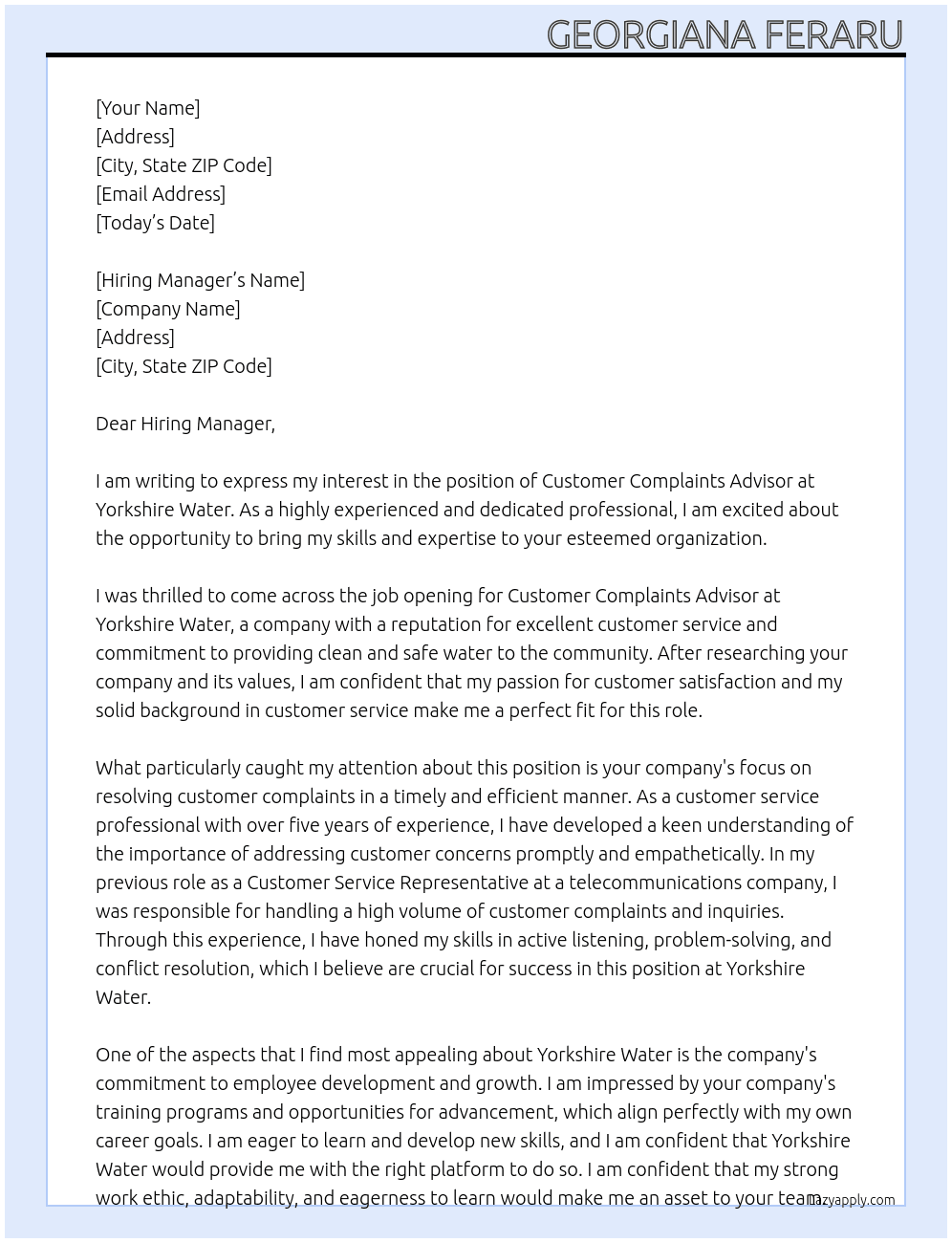 Customer Complaints Advisor At Yorkshire Water Cover Letter