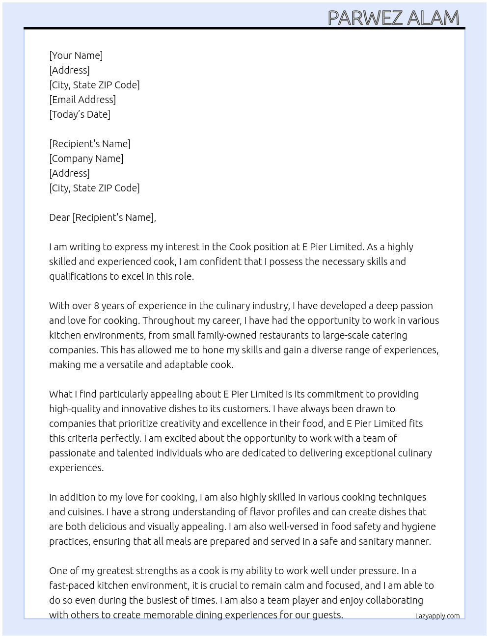 Cook At E pier lemited  Cover Letter