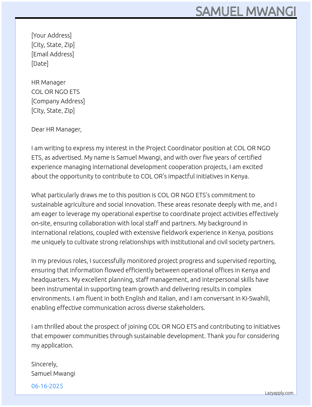 Cover letter for project coordinator-coordination - LazyApply
