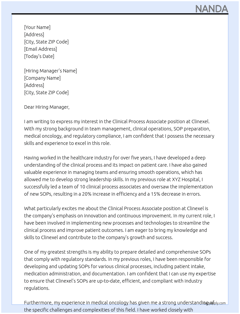 clinical process Associate At clinexel Cover Letter