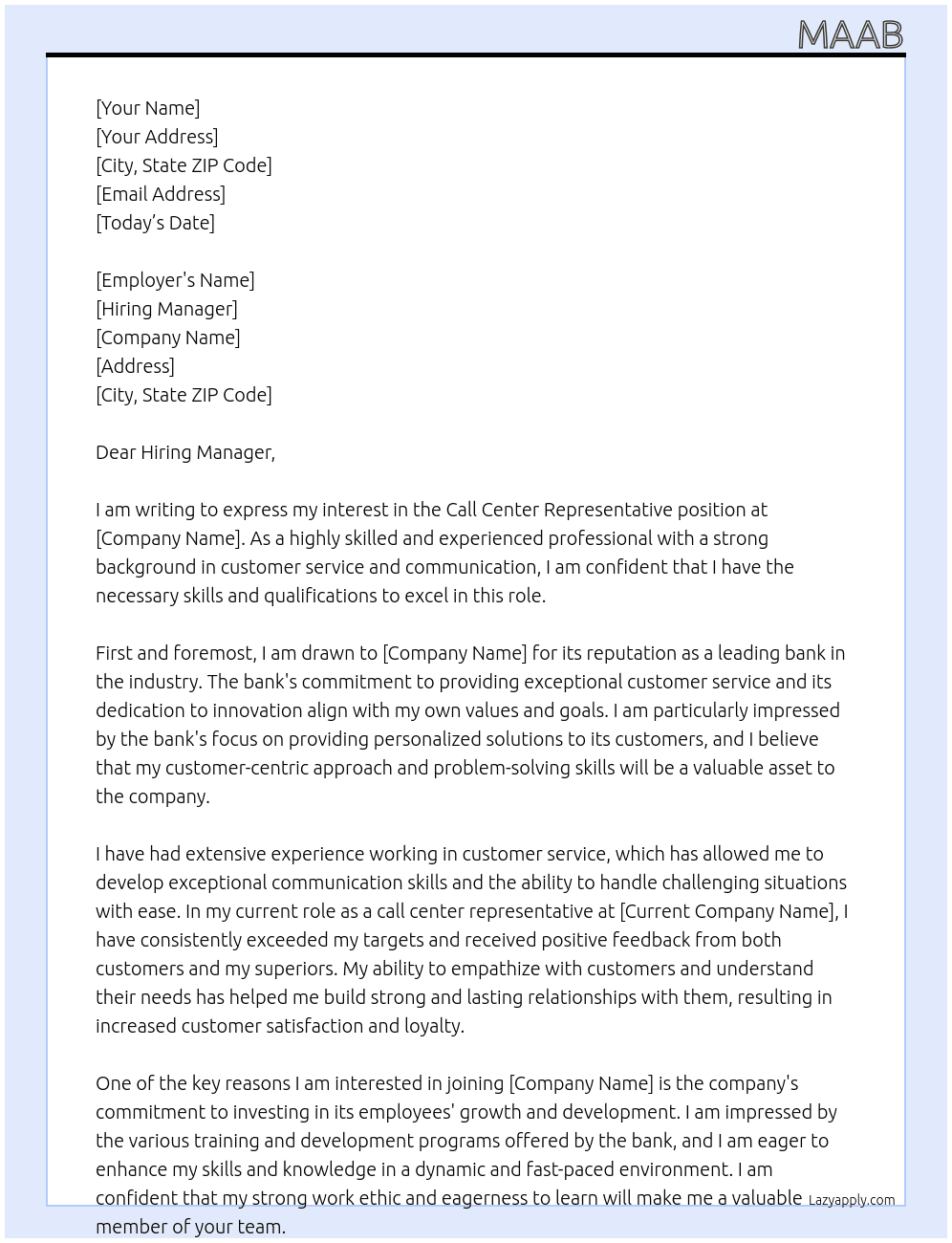 call center representative At Bank Cover Letter