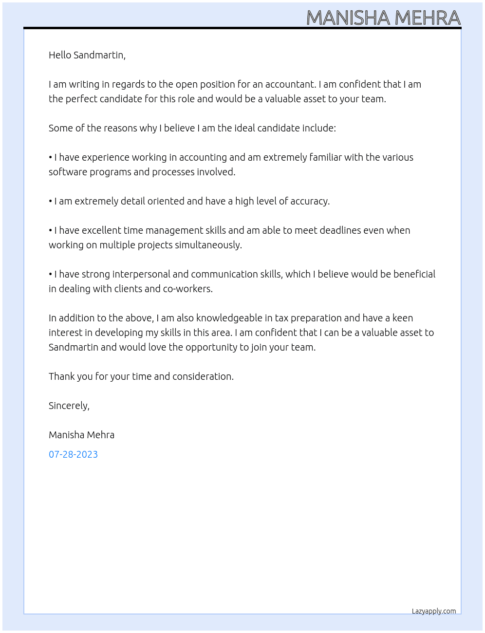 account At sandmartin Cover Letter
