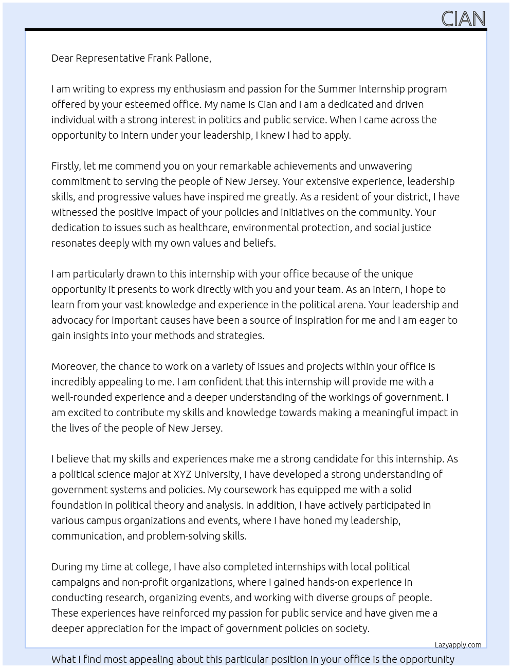Intern under U.S. Representative  At U.S. Representative Frank Pallone Summer Internship Cover Letter