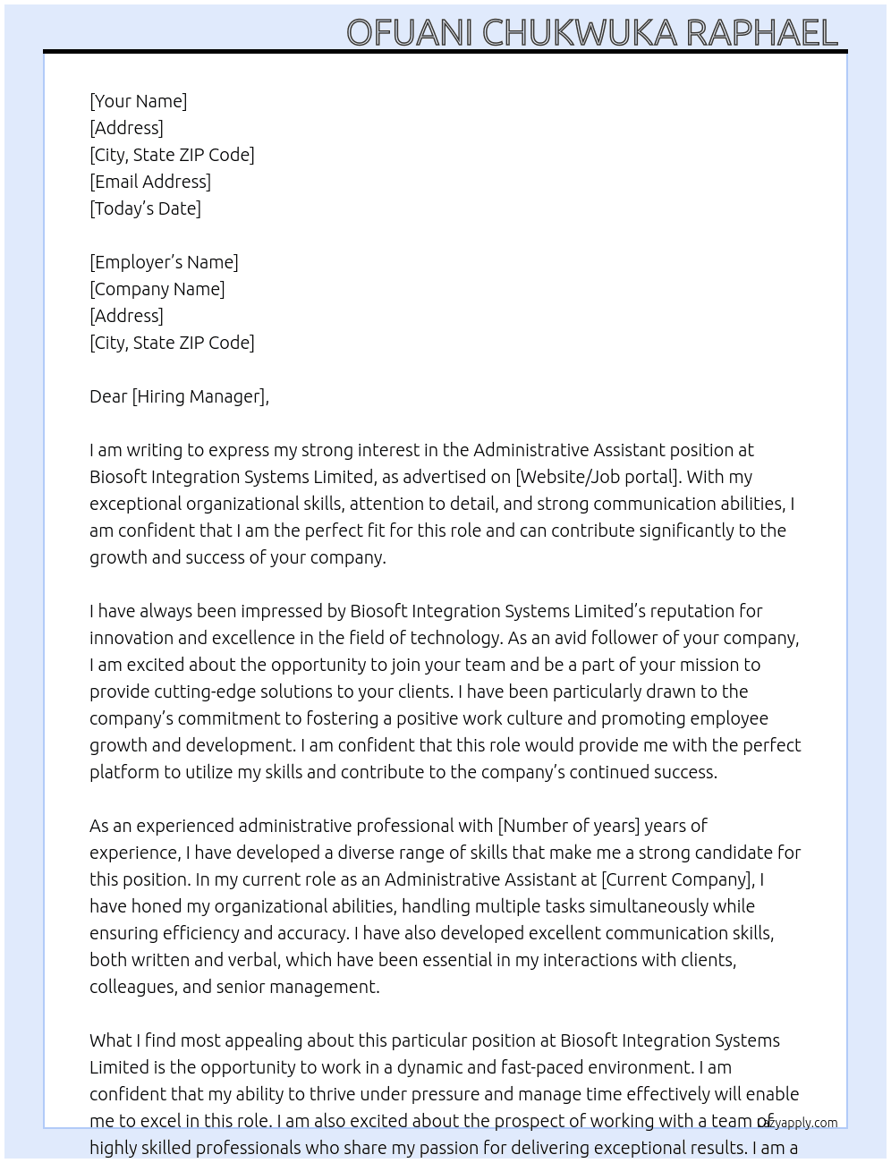 Administrative assistant  At Biosoft Integration Systems Limited  Cover Letter