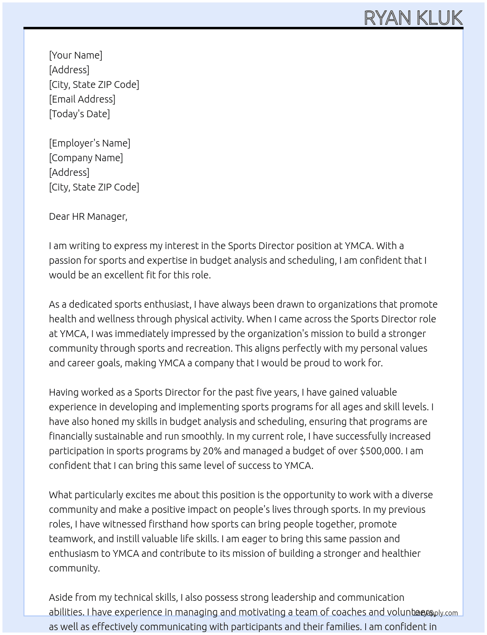 SPorts Director At YMCA Cover Letter