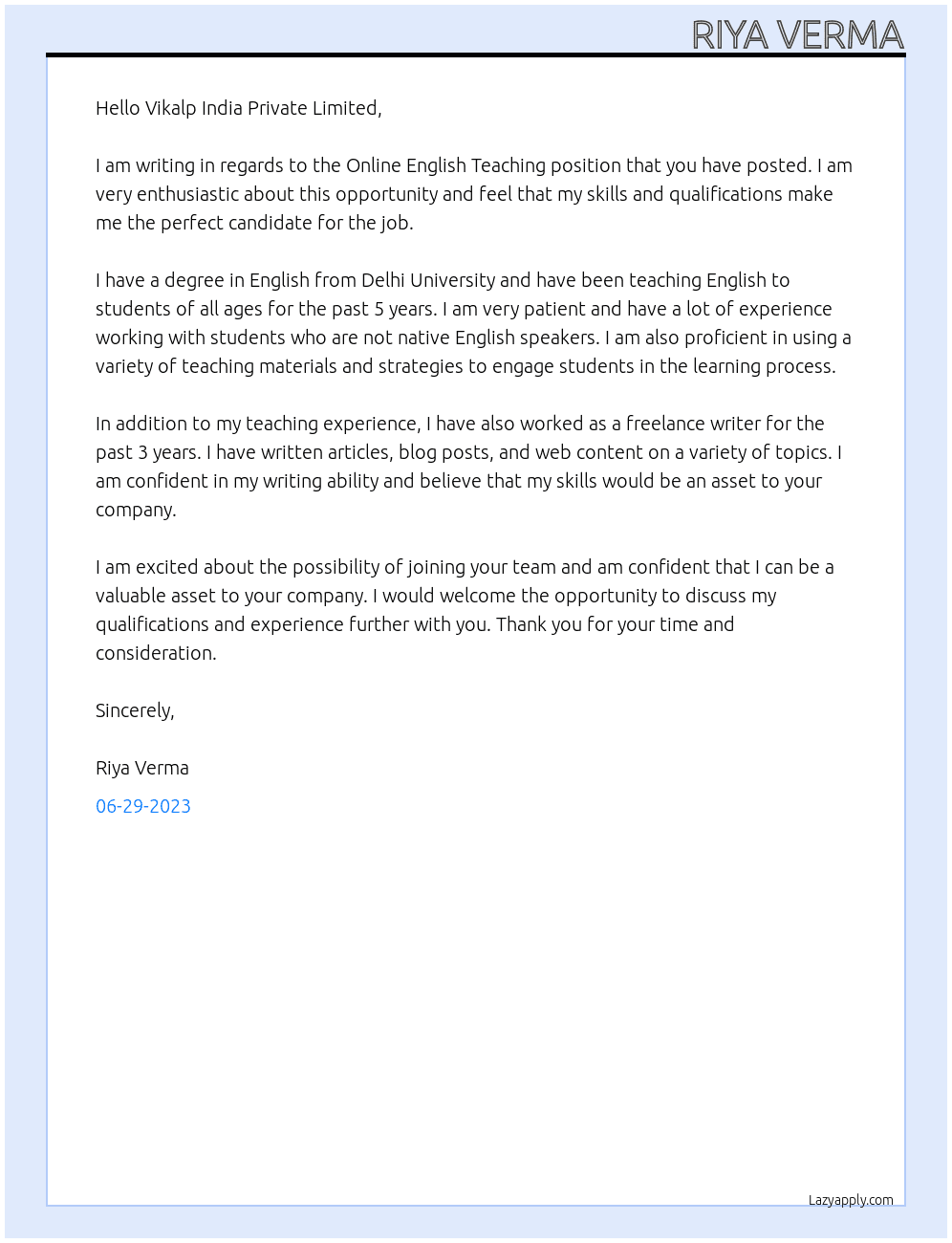Online English Teaching At Vikalp India Private Limited Cover Letter