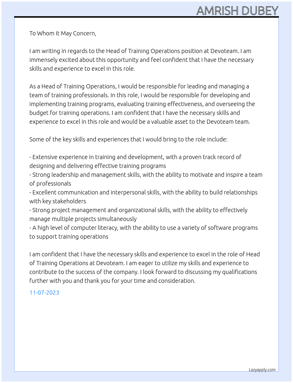 Head of Training Operations At Devoteam Cover Letter