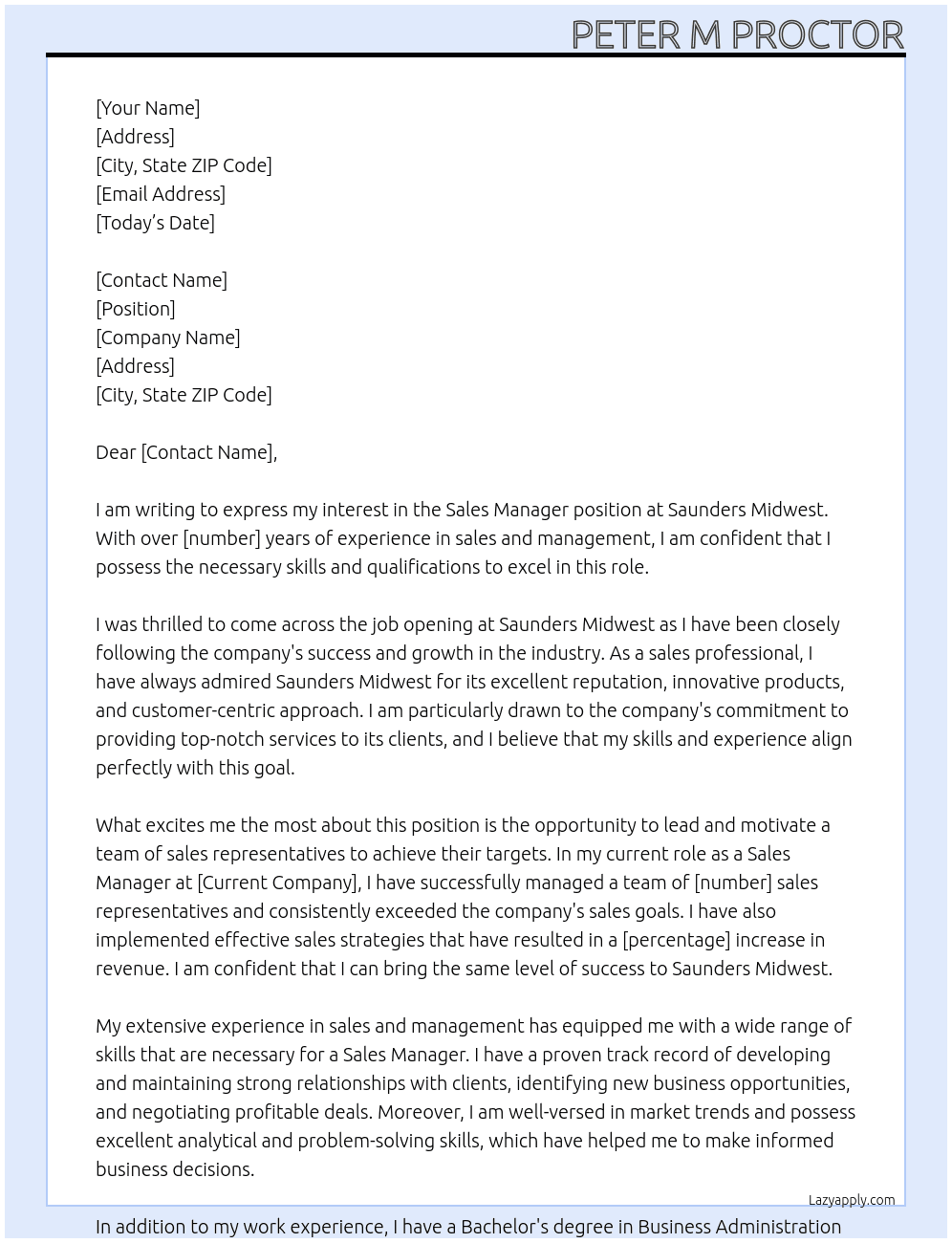 Sales Manager At Saunders Midwest Cover Letter