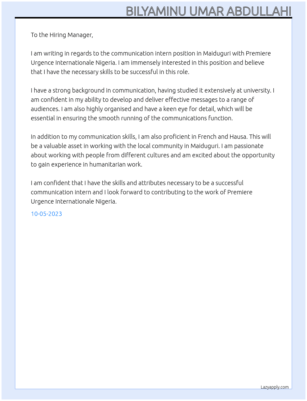 Communication Intern Maiduguri- Premiere Urgence Internationale Nigeria -  At Premiere Urgence Internationale Nigeria Cover Letter