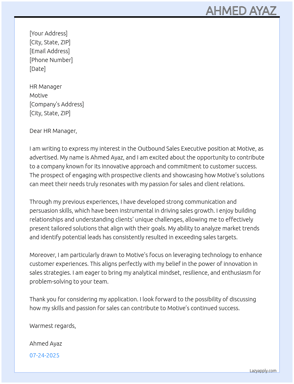 Cover letter for outbound sales executive - LazyApply