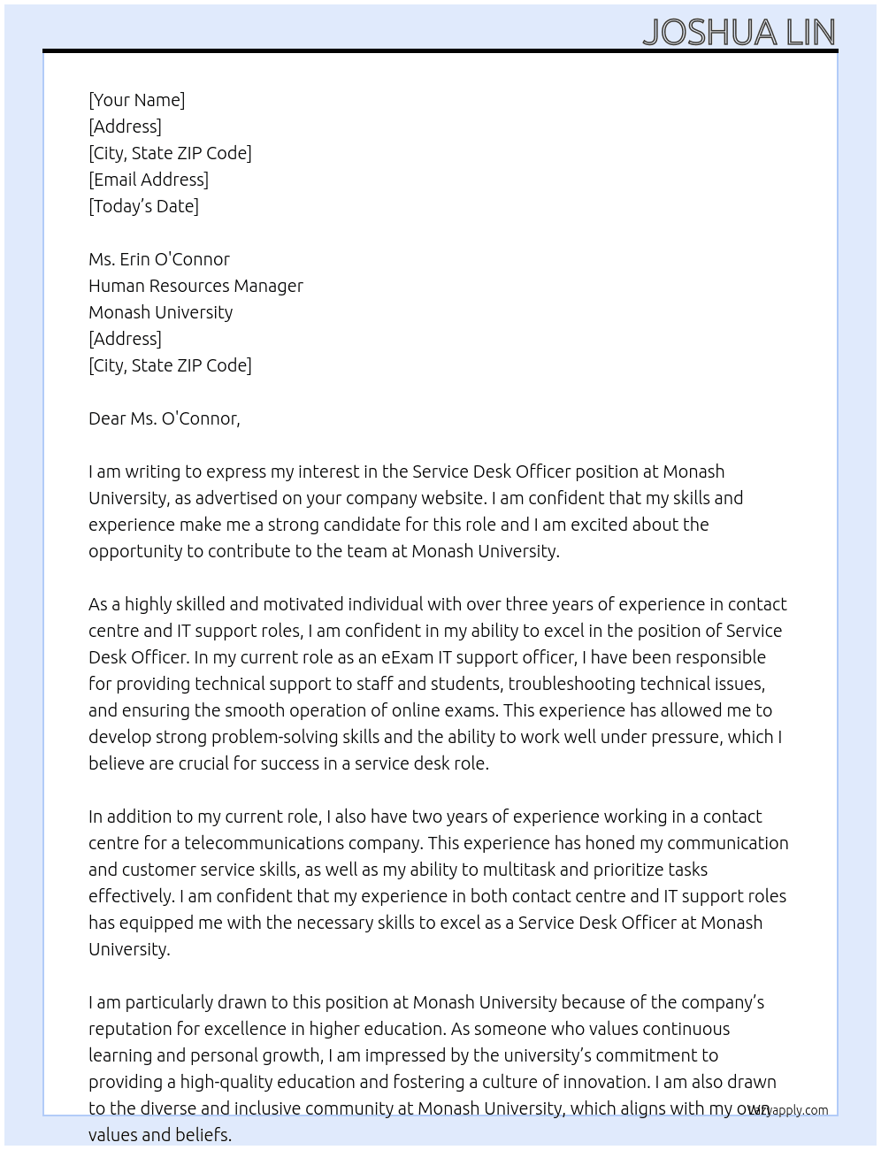 Service Desk Officer At Monash  University Cover Letter