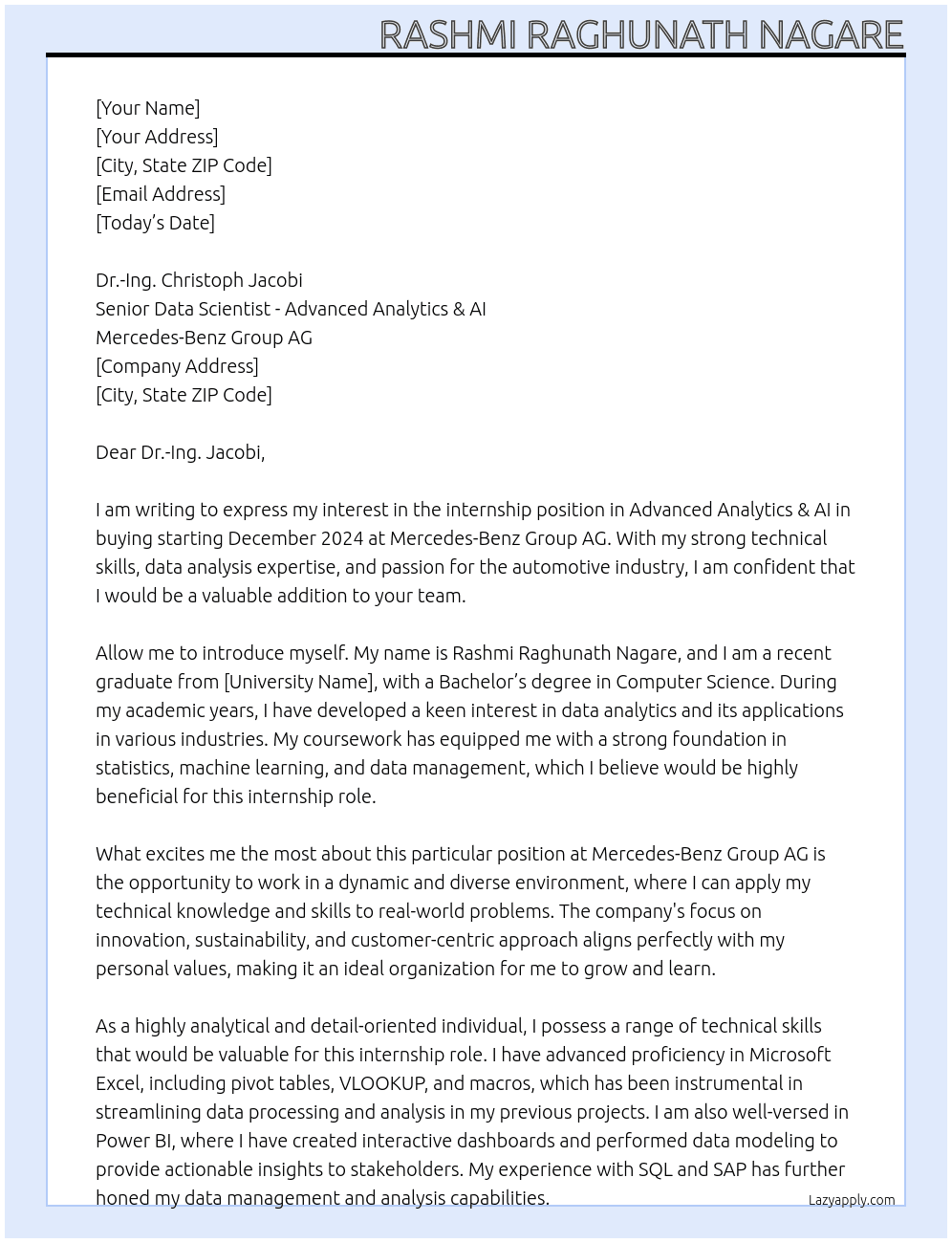 Internship in Advanced Analytics & AI in buying starting December 2024 At Mercedes-Benz Group AG Cover Letter