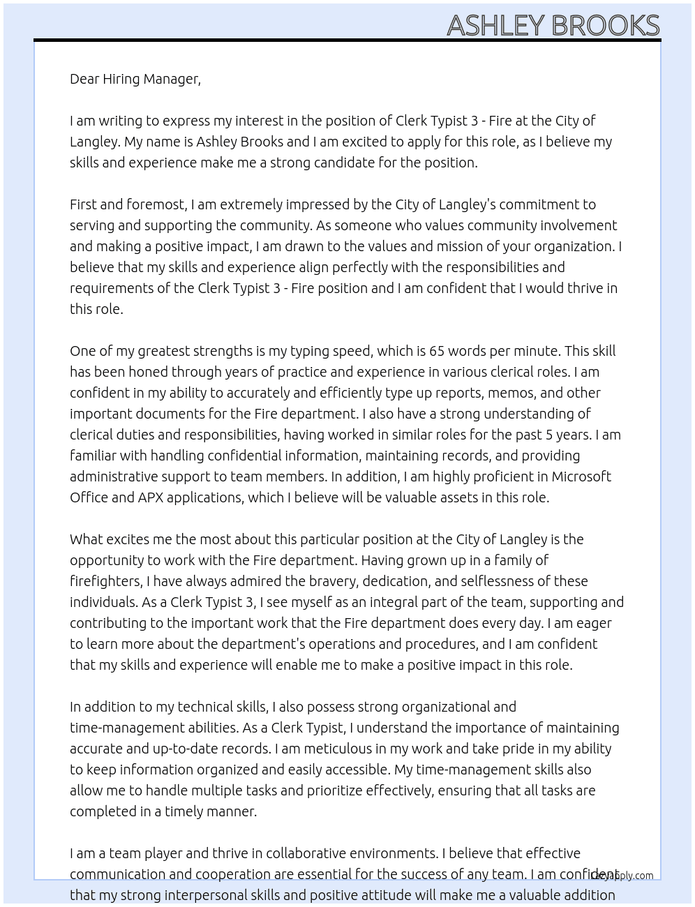 Clerk Typist 3 - Fire At City of Langley Cover Letter