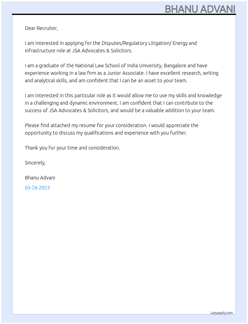 Disputes/Regulatory Litigation/ Energy and Infrastructure At JSA Advocates & Solicitors Cover Letter