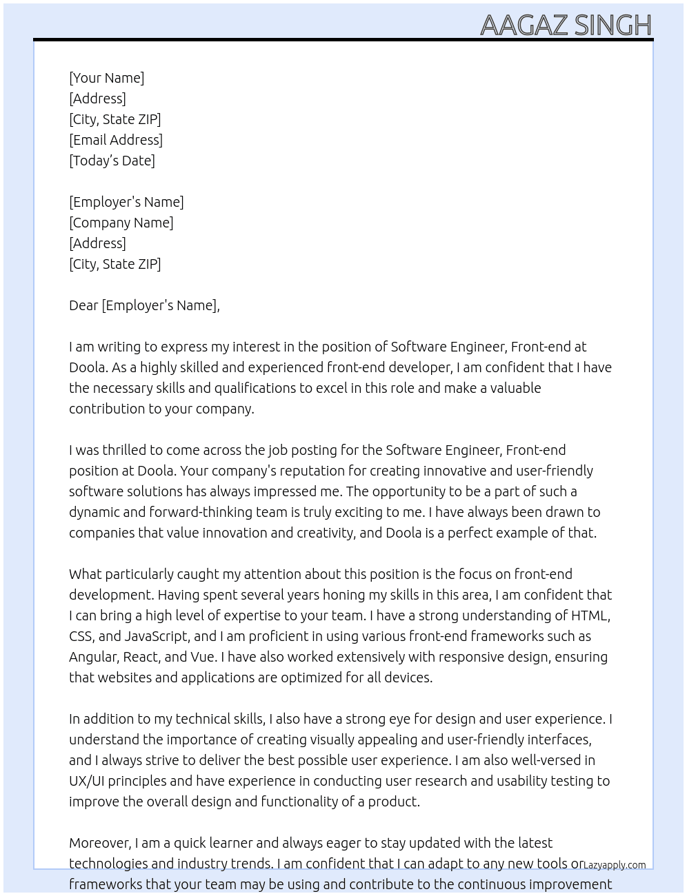 Software Engineer, Front-end At doola Cover Letter