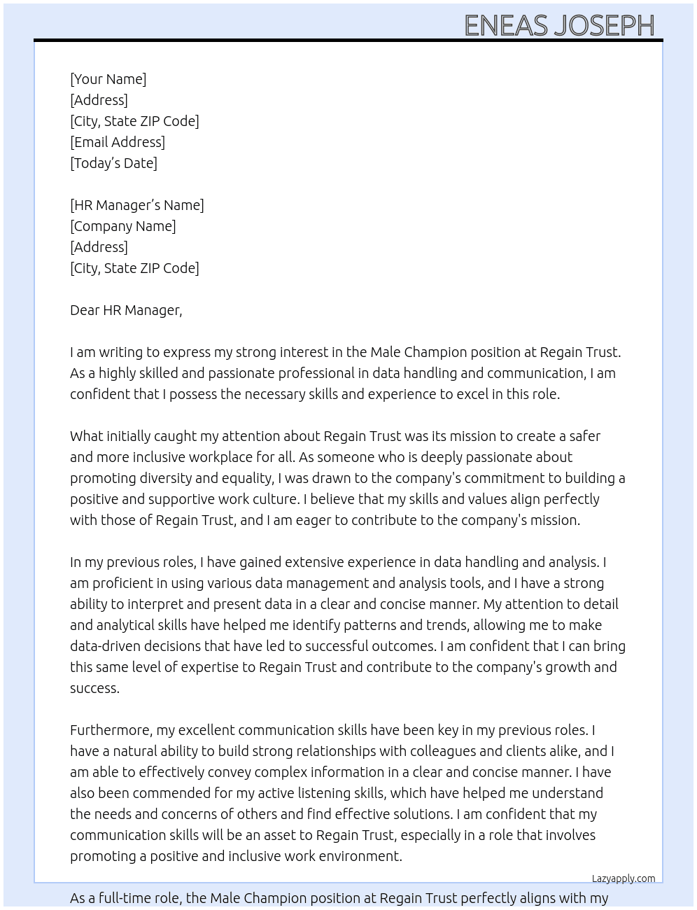Male champion At Regain Trust Cover Letter