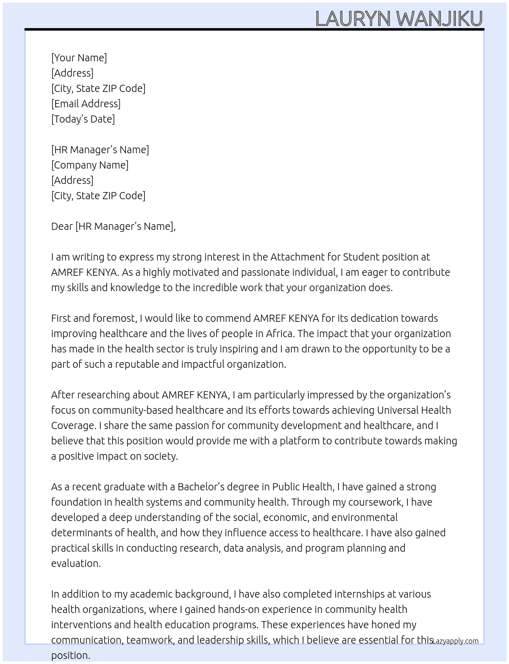 Attachment for student  At AMREF KENYA  Cover Letter