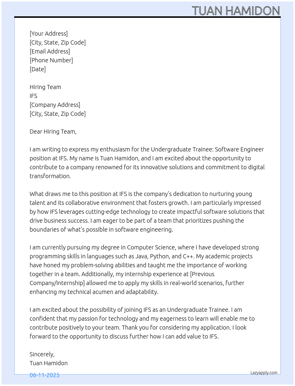 Undergraduate trainee: Software Engineer  At IFS Cover Letter