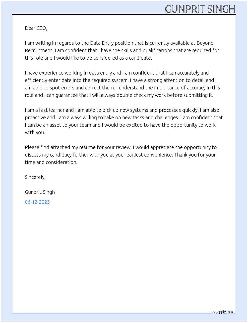 Data Entry At Beyond Recruitment Cover Letter