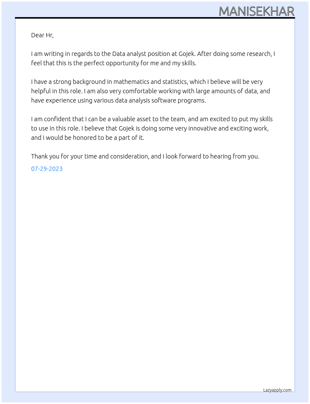 Data analyst  At Gojek Cover Letter