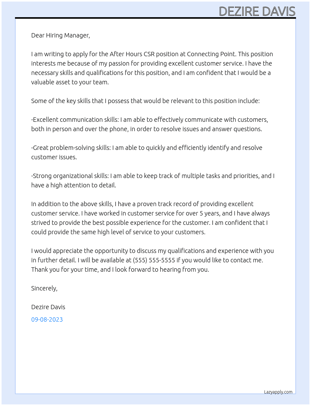 After Hours CSR At Connecting Point Cover Letter