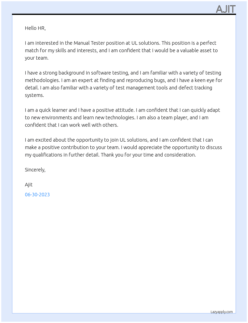 Manual Tester At UL solutions Cover Letter