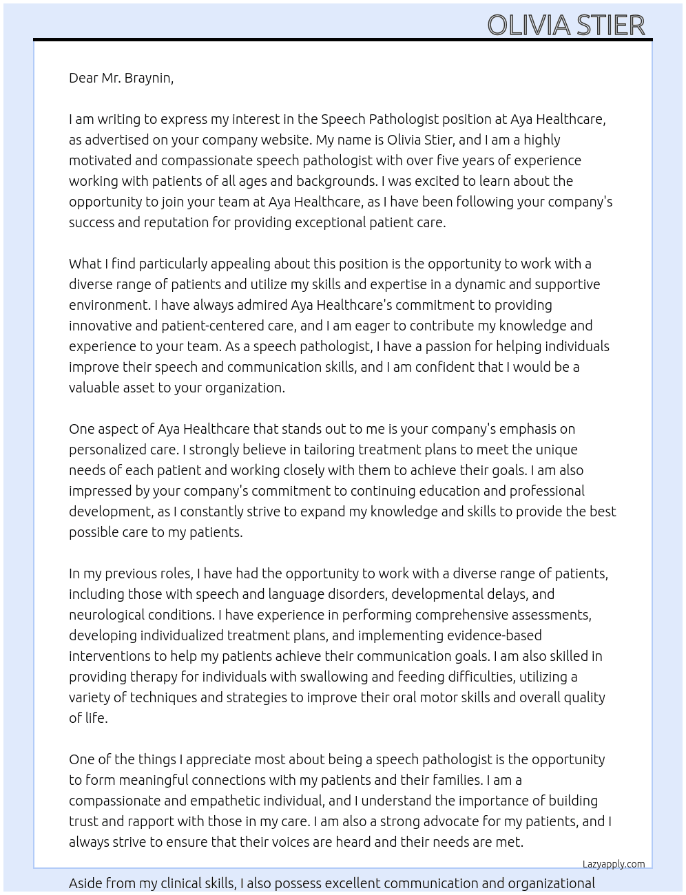 speech pathologist  At aya healthcare  Cover Letter