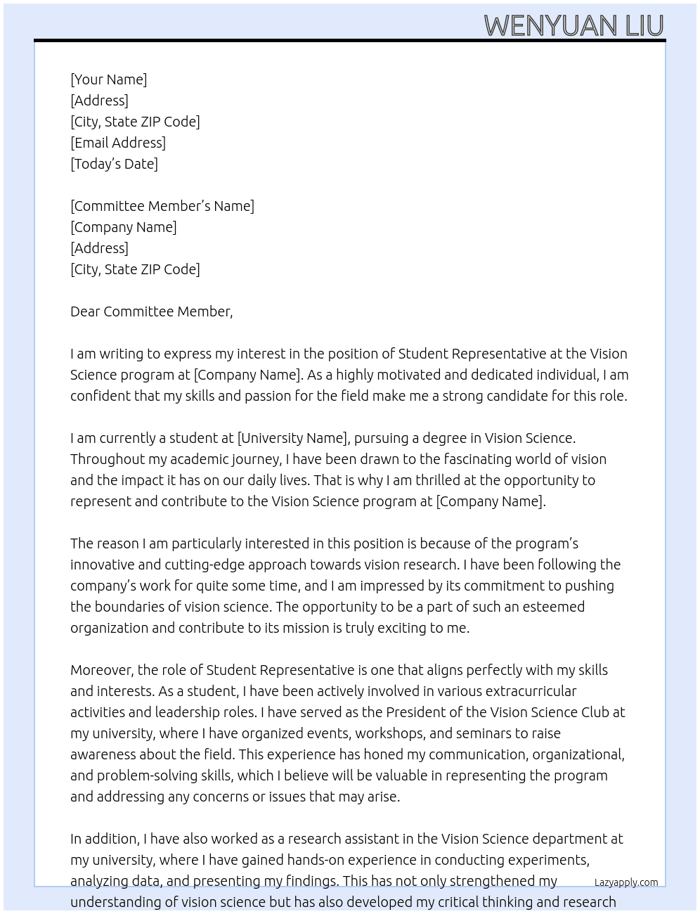 student representative At Vision Science program Cover Letter