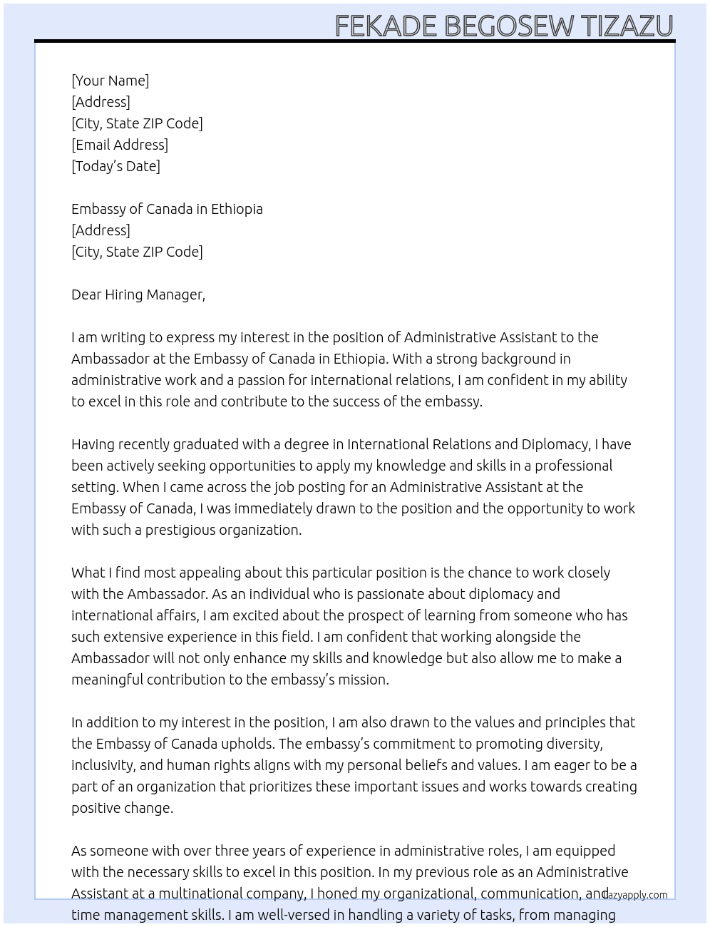 Administrative Assistant to the Ambassador At  Embassy of Canada in Ethiopia Cover Letter