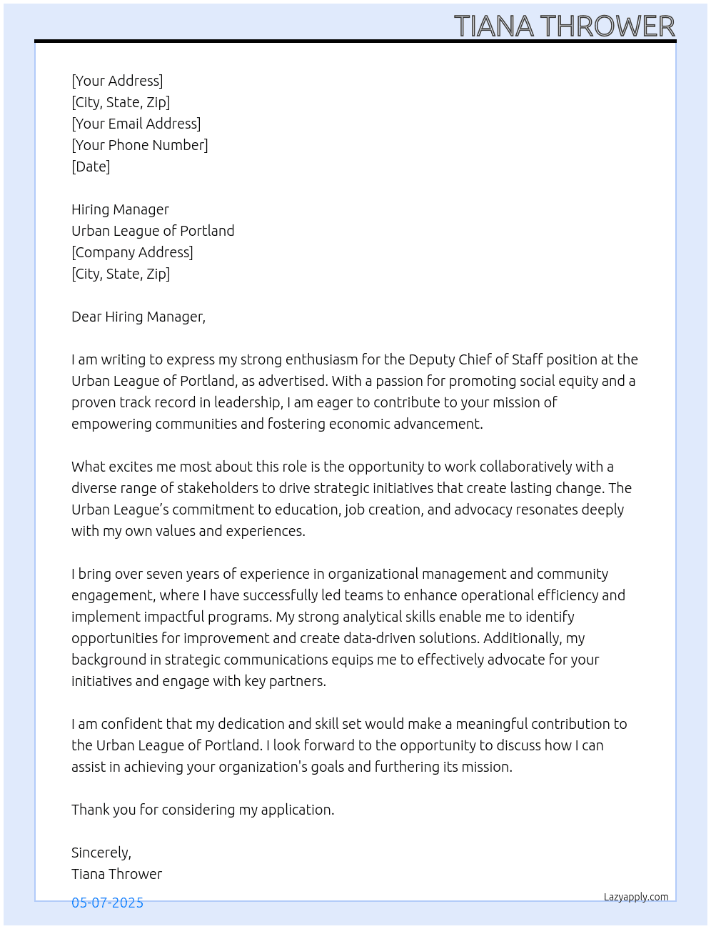 Deputy Chief of Staff At Urban League of Portland Cover Letter