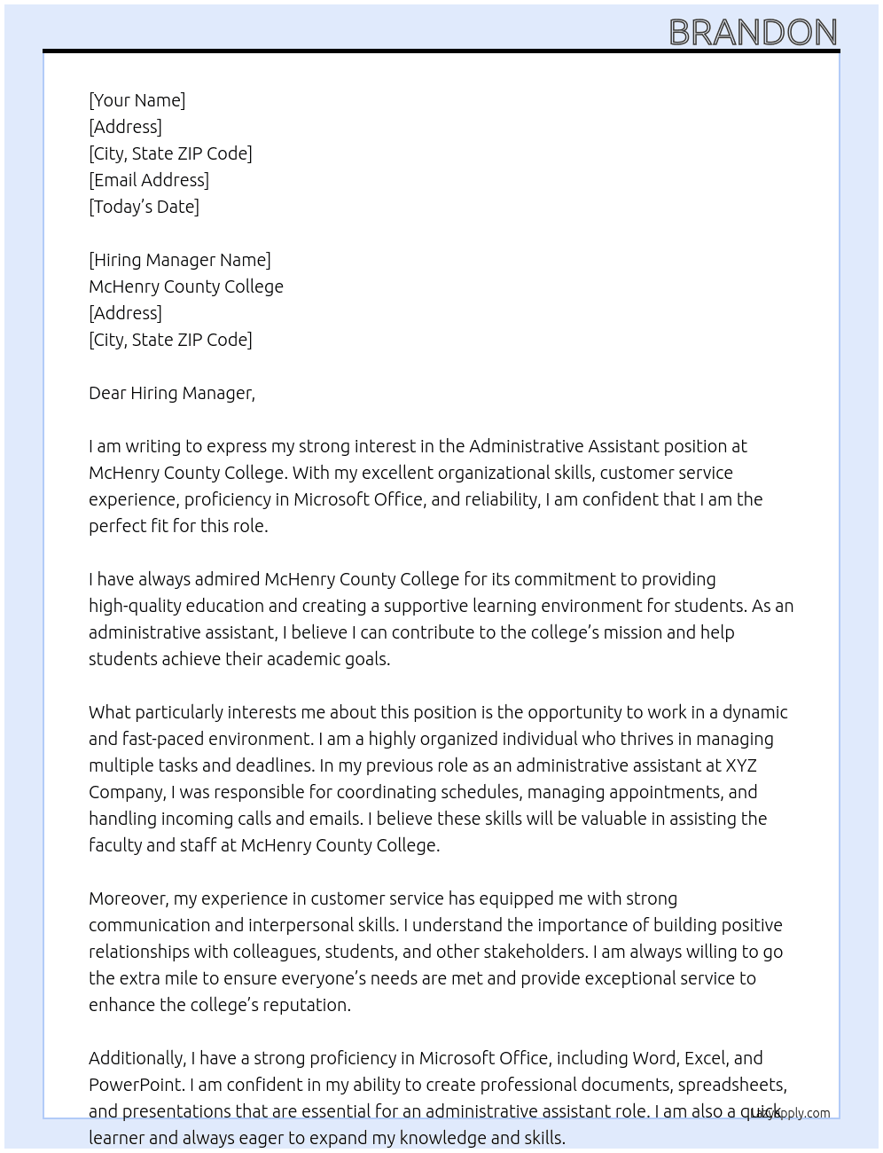 Administrative Assistant  At McHenry County College Cover Letter