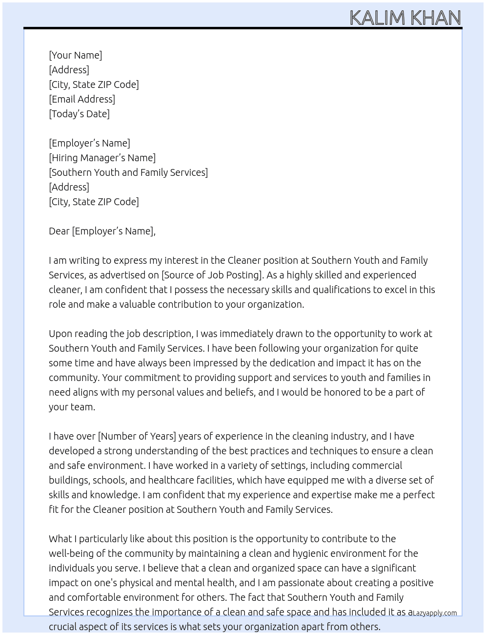 Cleaner At Southern Youth and Family Services Cover Letter