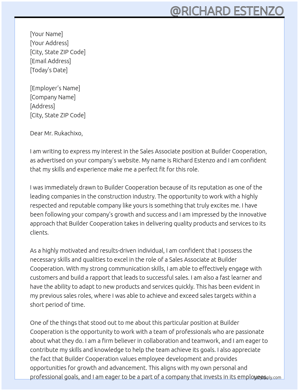 sales associate  At Builder Cooperation  Cover Letter
