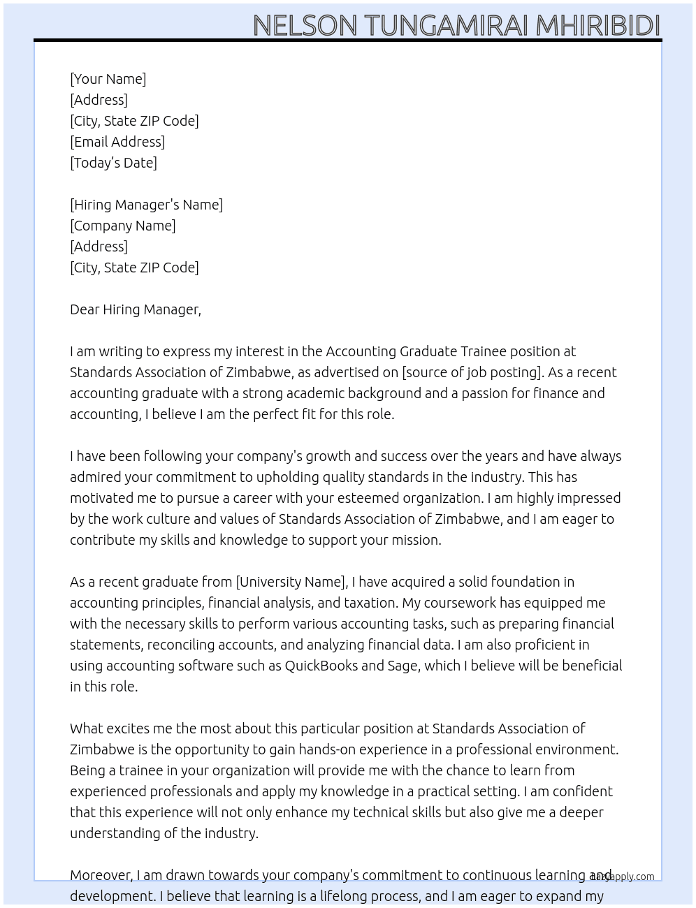 Accounting Graduate trainee At Standards Association of Zimbabwe Cover Letter
