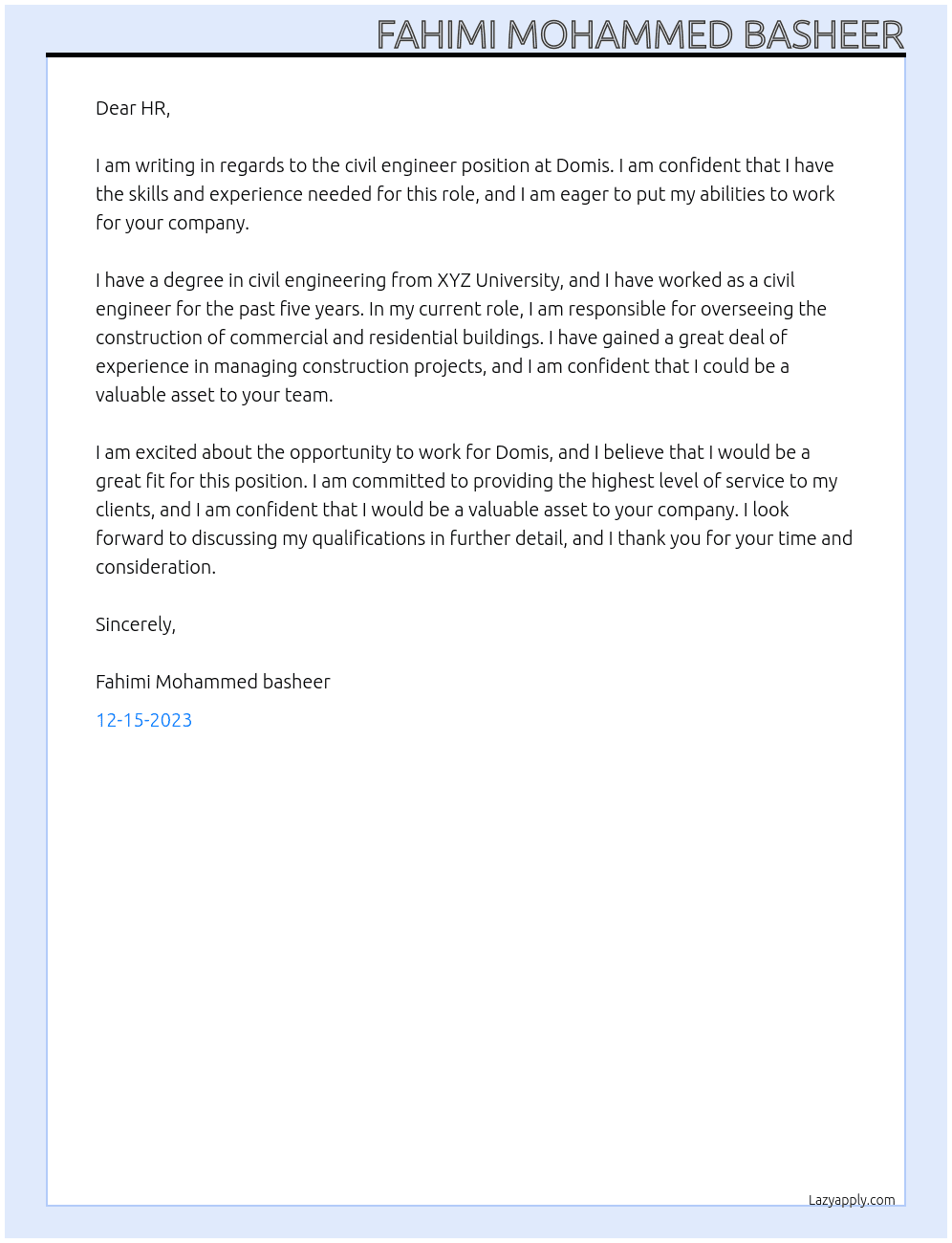 civil engineer At domis Cover Letter