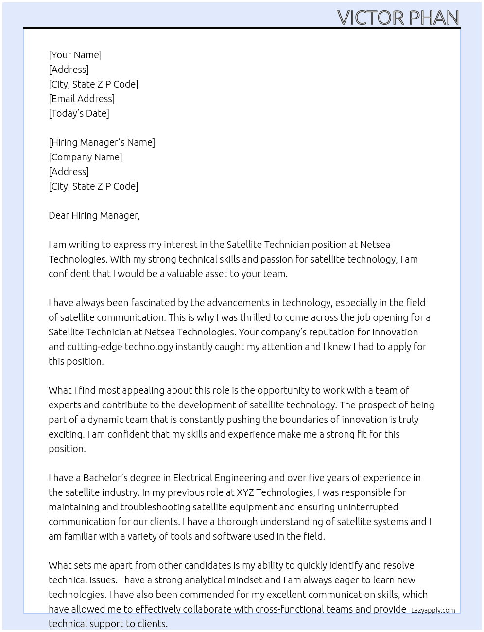 Satellite Technician At Netsea Technologies Cover Letter