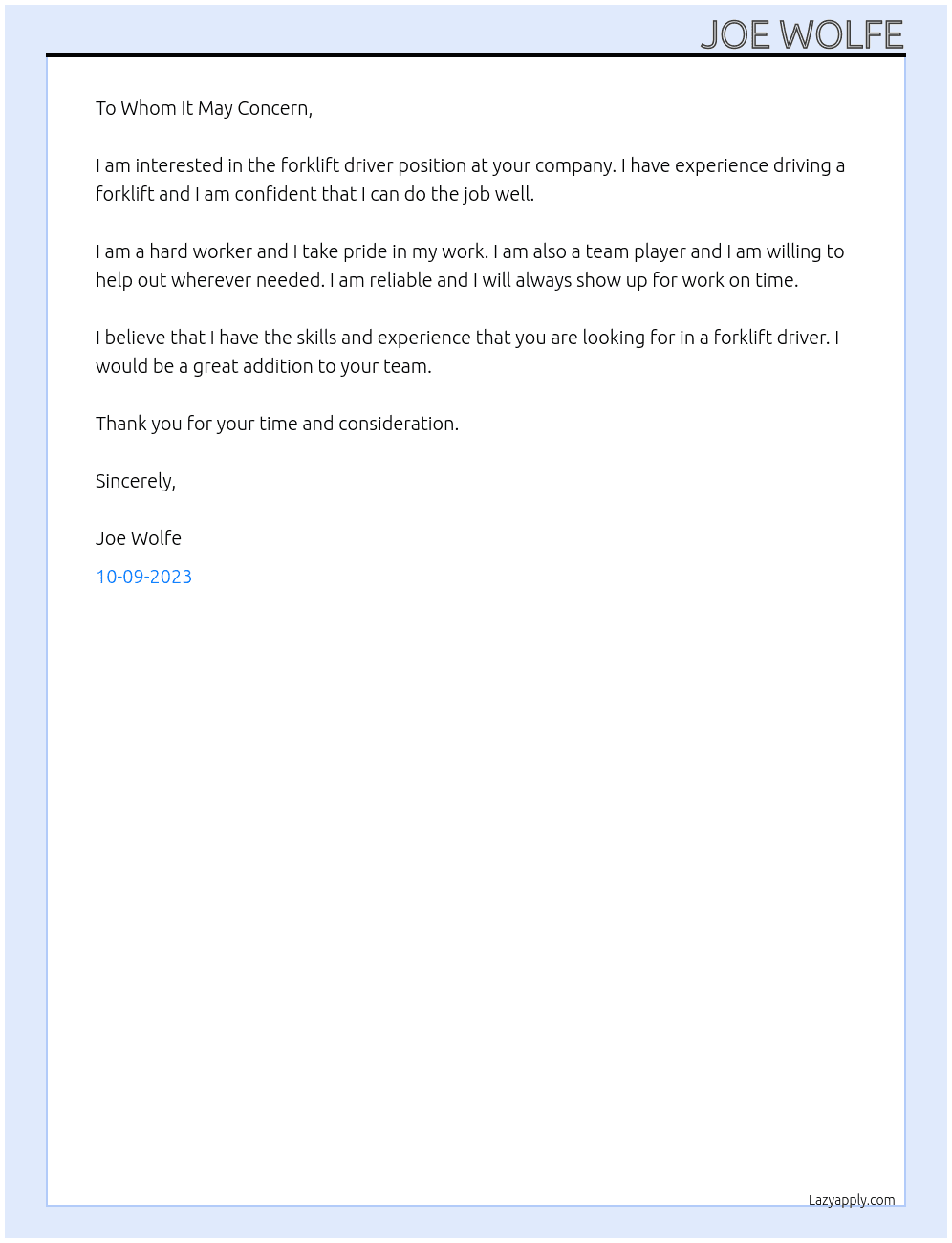 Forklift driver At Forklift driver Cover Letter