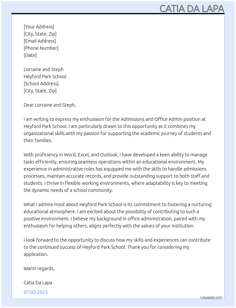 Admissions and Office Admin At Heyford Park School Cover Letter