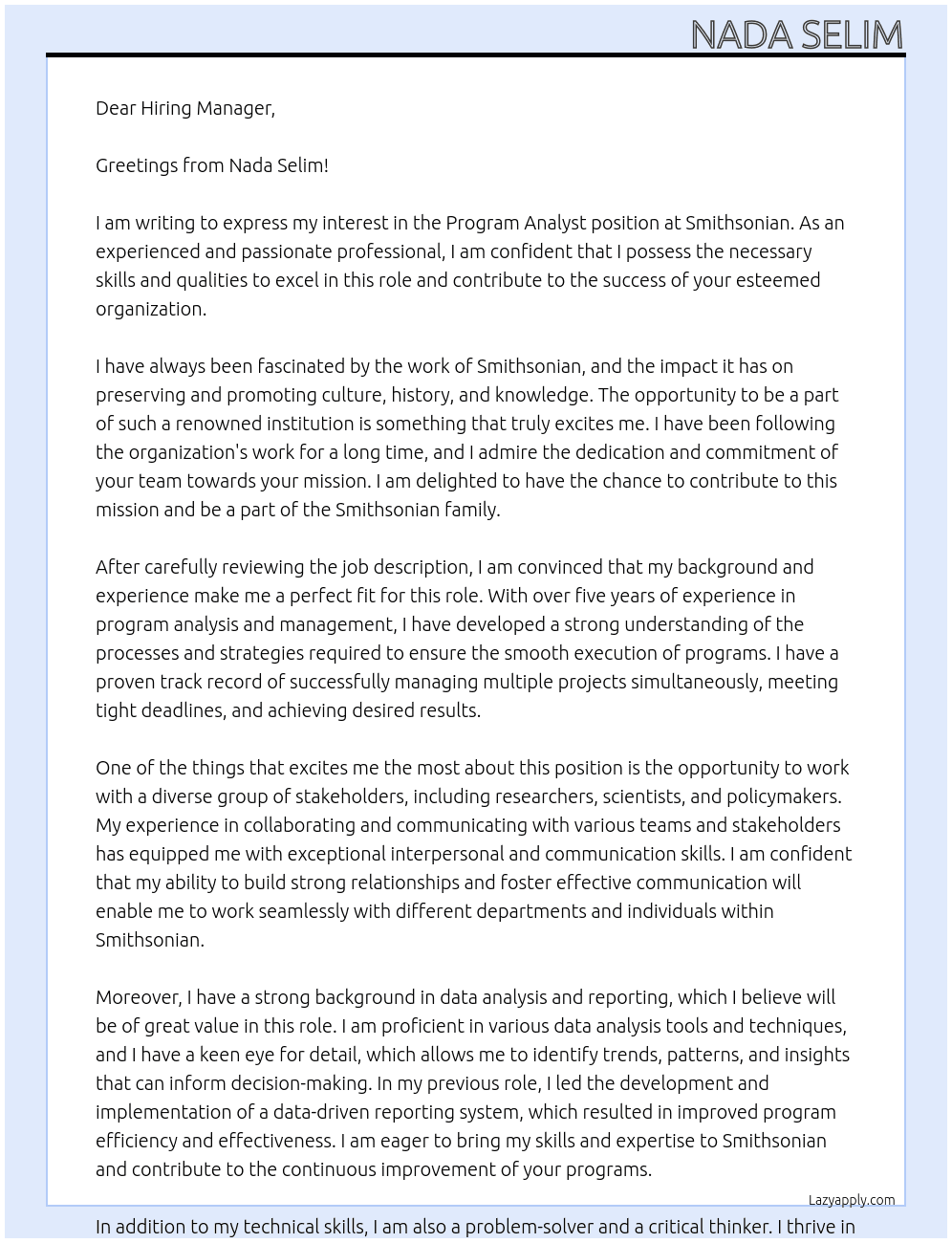 Program Analyst At Smithsonian Cover Letter