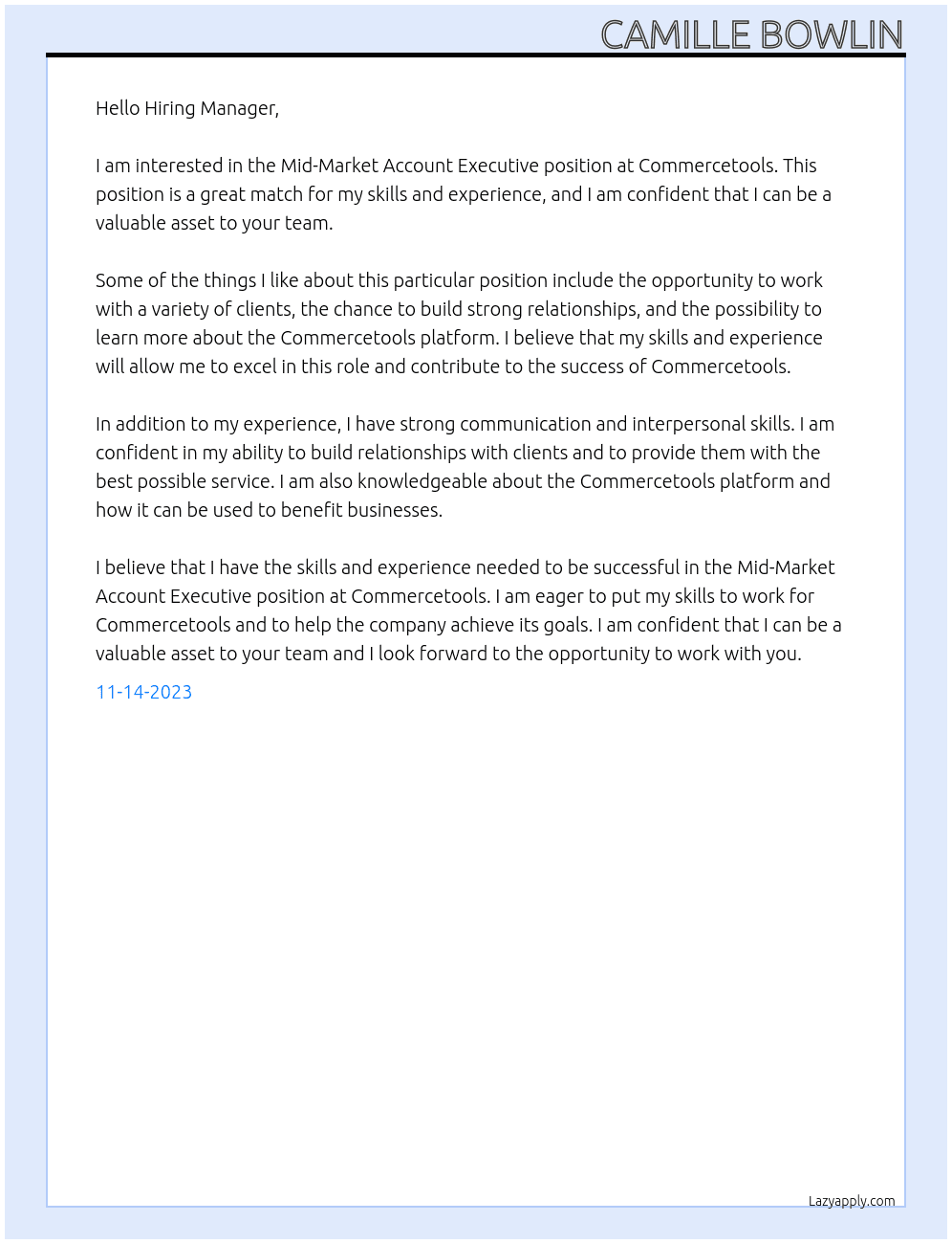 Mid-Market Account Executive  At Commercetools Cover Letter