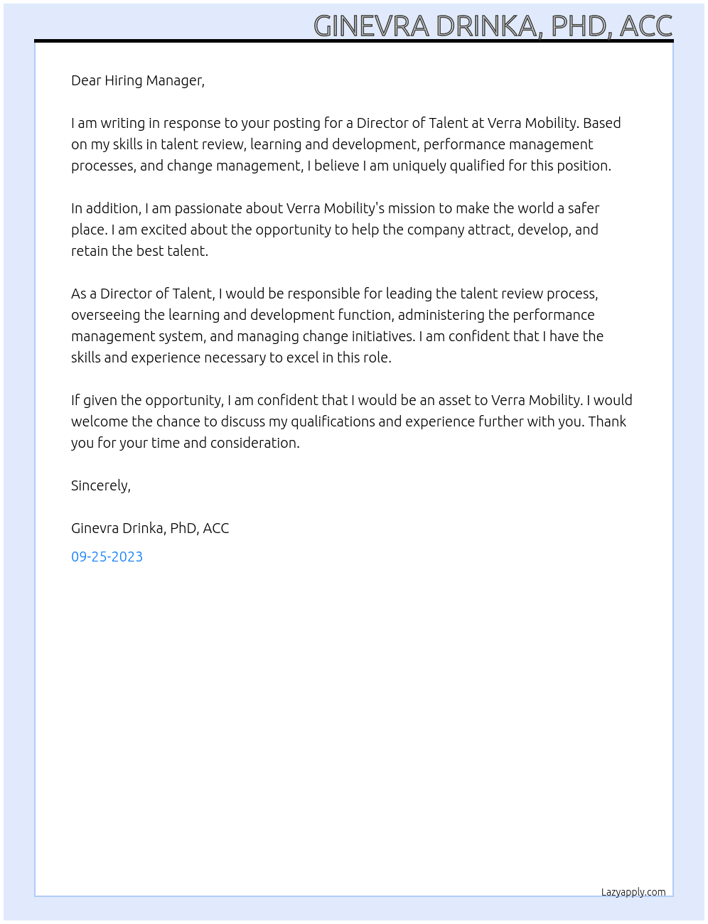 Director, Talent At Verra Mobility Cover Letter