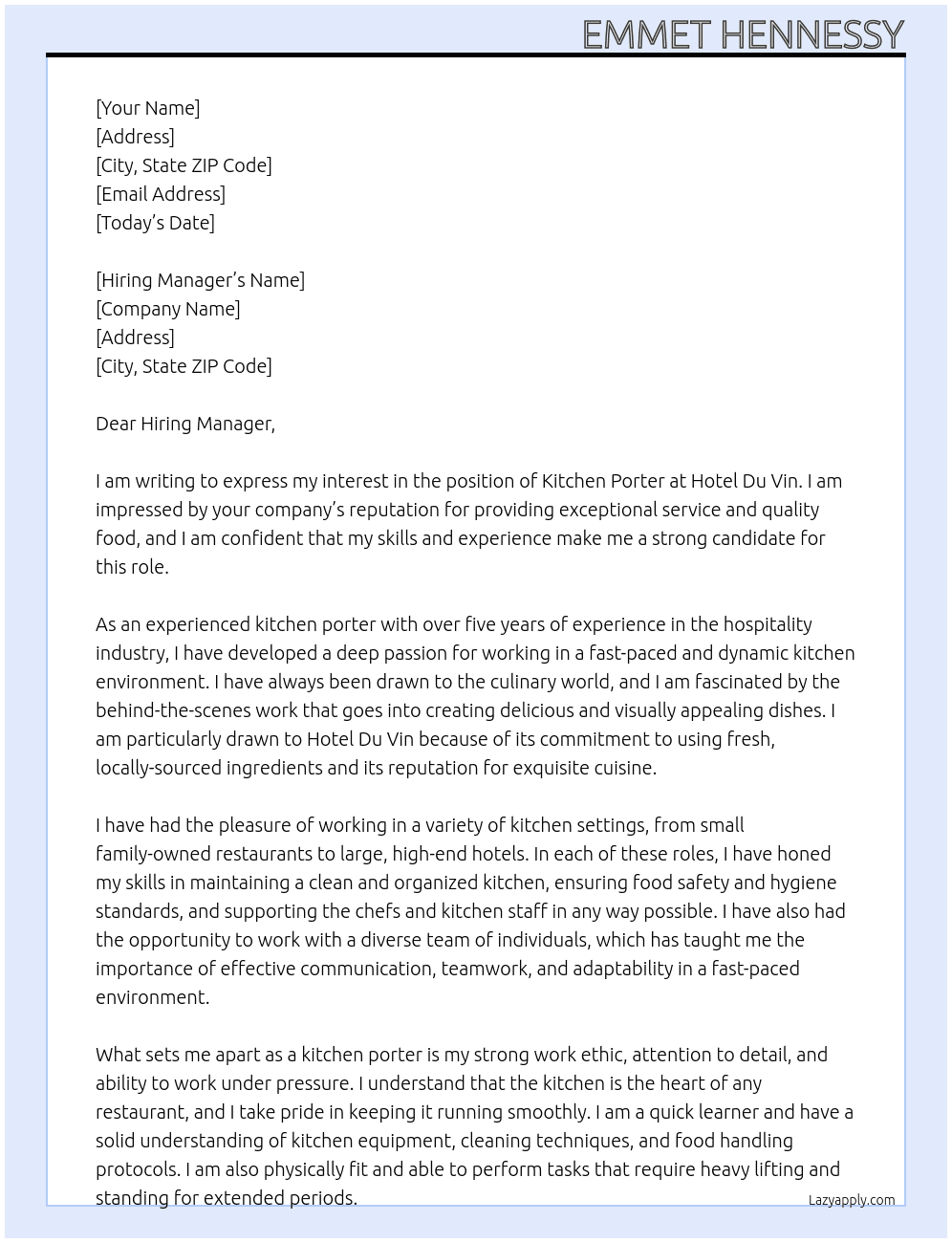 kitchen porter At Hotel Du Vin Cover Letter