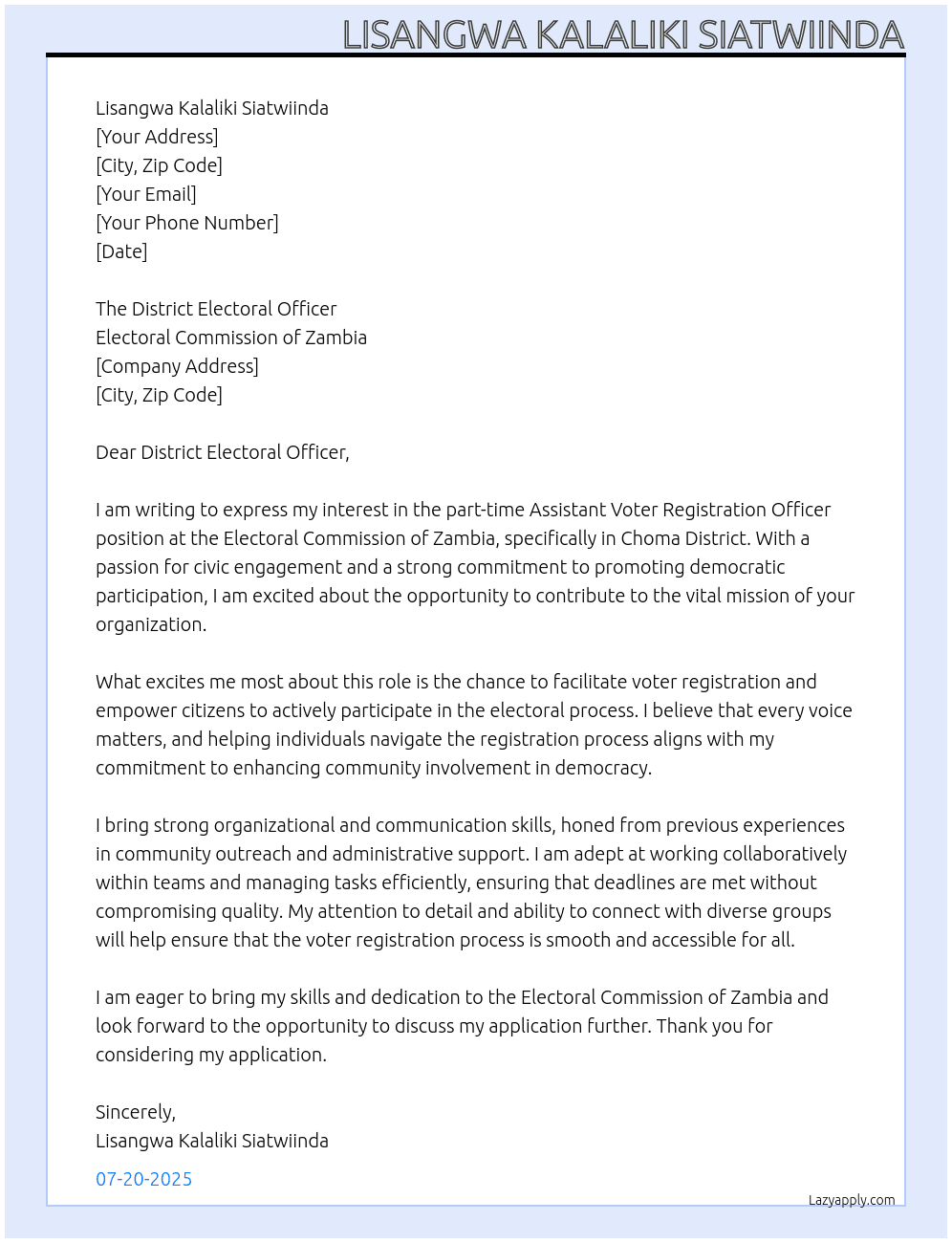 assistant voter registration Officer At Electoral Commission of Zambia Cover Letter