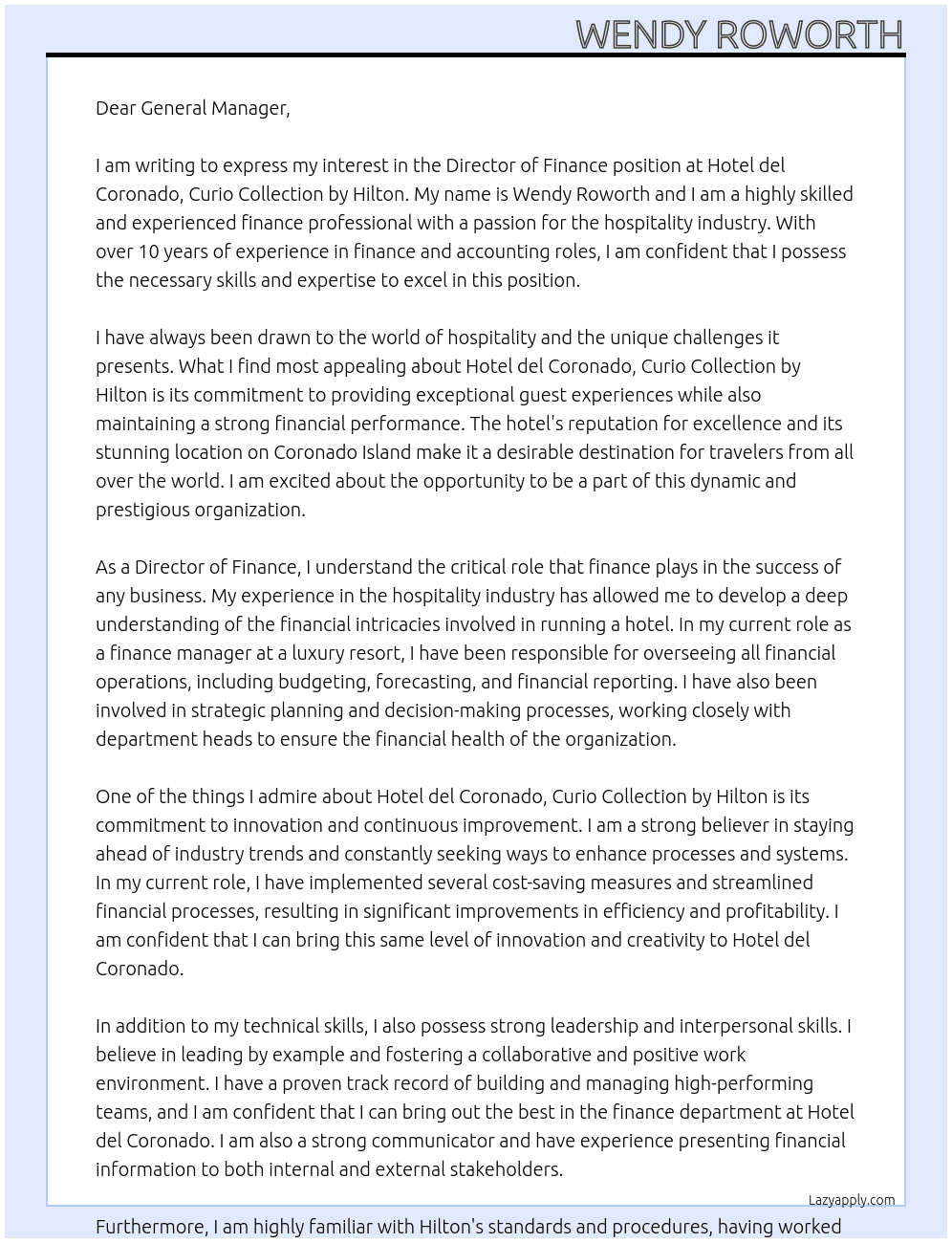 Director of Finance At Hotel del Coronado, Curio Collection by Hilton  Cover Letter