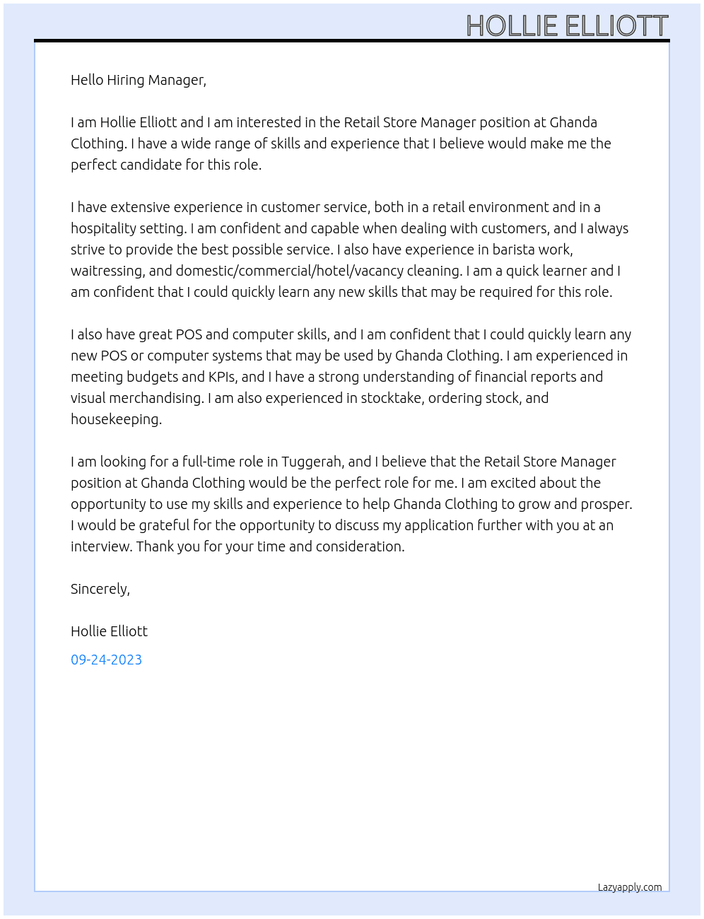 Retail Store Manager At Ghanda Clothing  Cover Letter