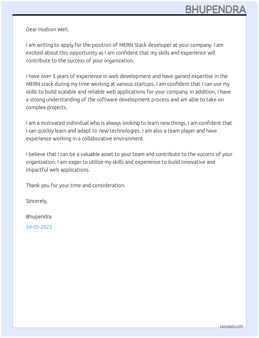 MERN Stack developer At Hudson Weil Cover Letter