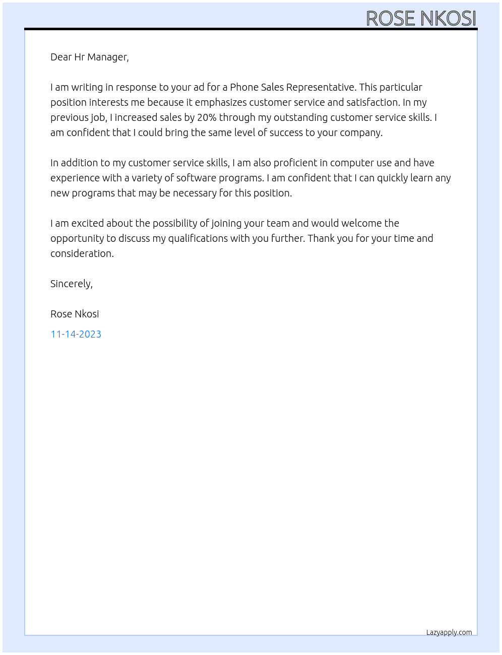 Phone Sales Representative At ELVTR Cover Letter