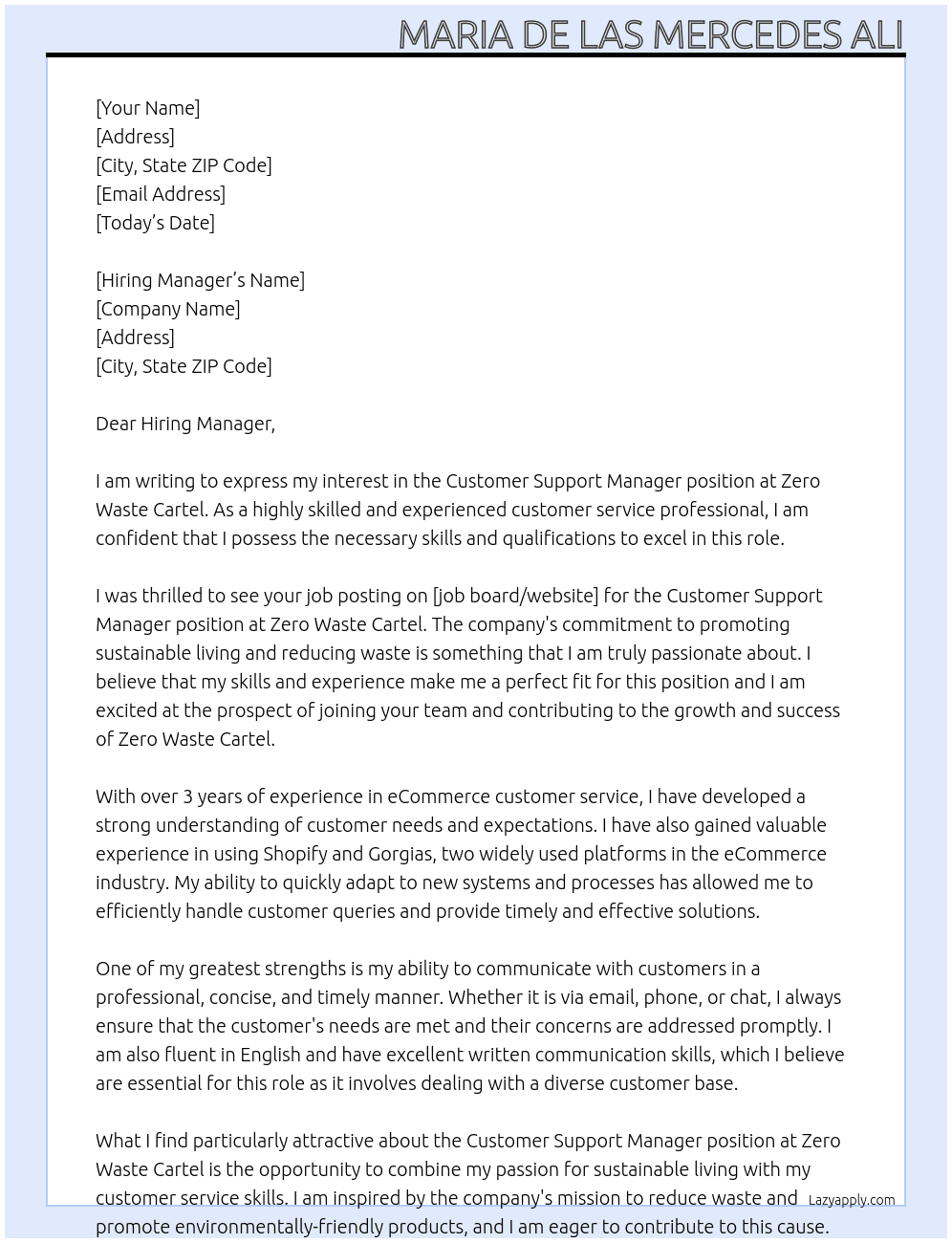 Customer Support Manager At Zero Waste Cartel Cover Letter